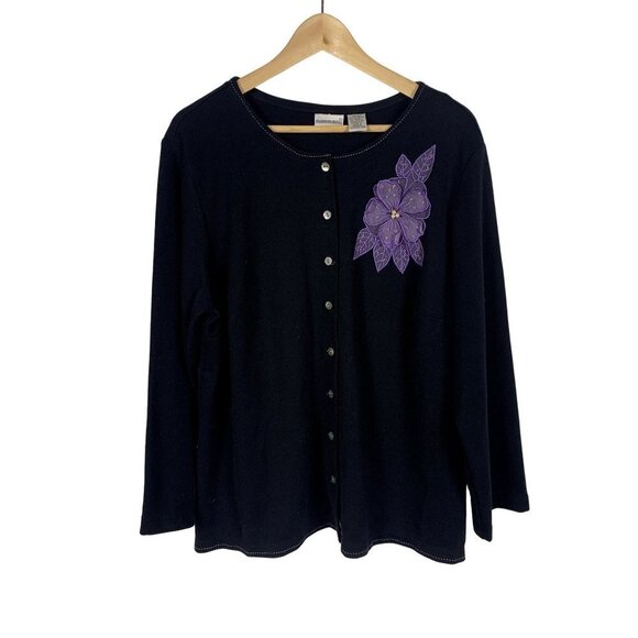 Vintage Fashion Bug Black Button Down Cardigan Purple Flower Size 18 - Picture 1 of 4